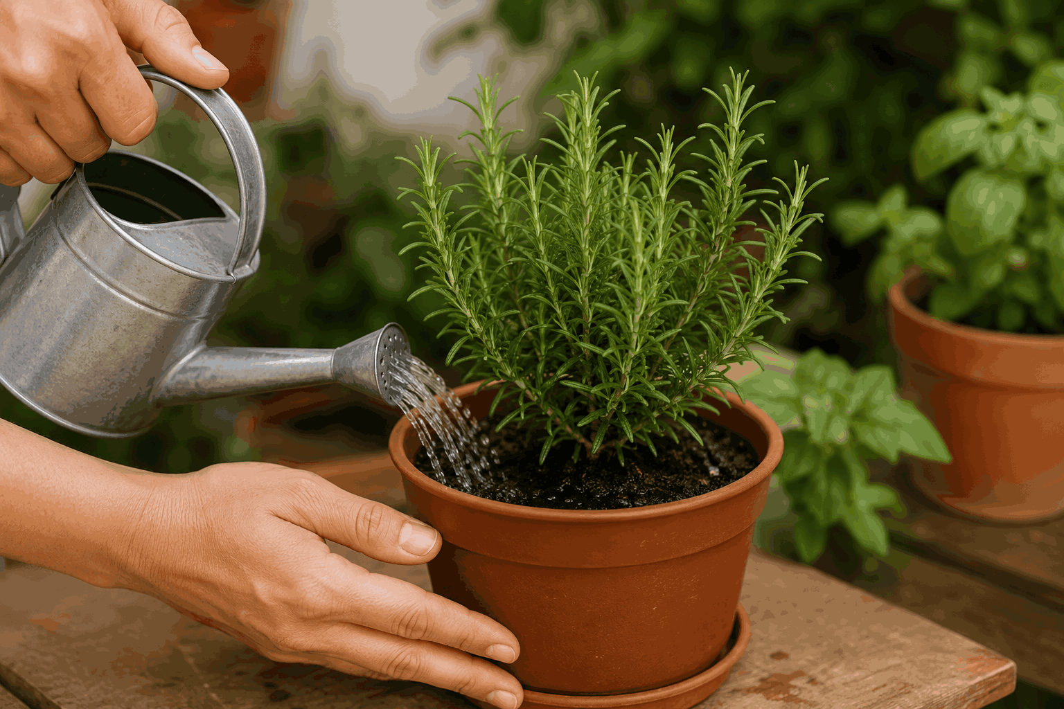 Riego moderado de una planta en maceta