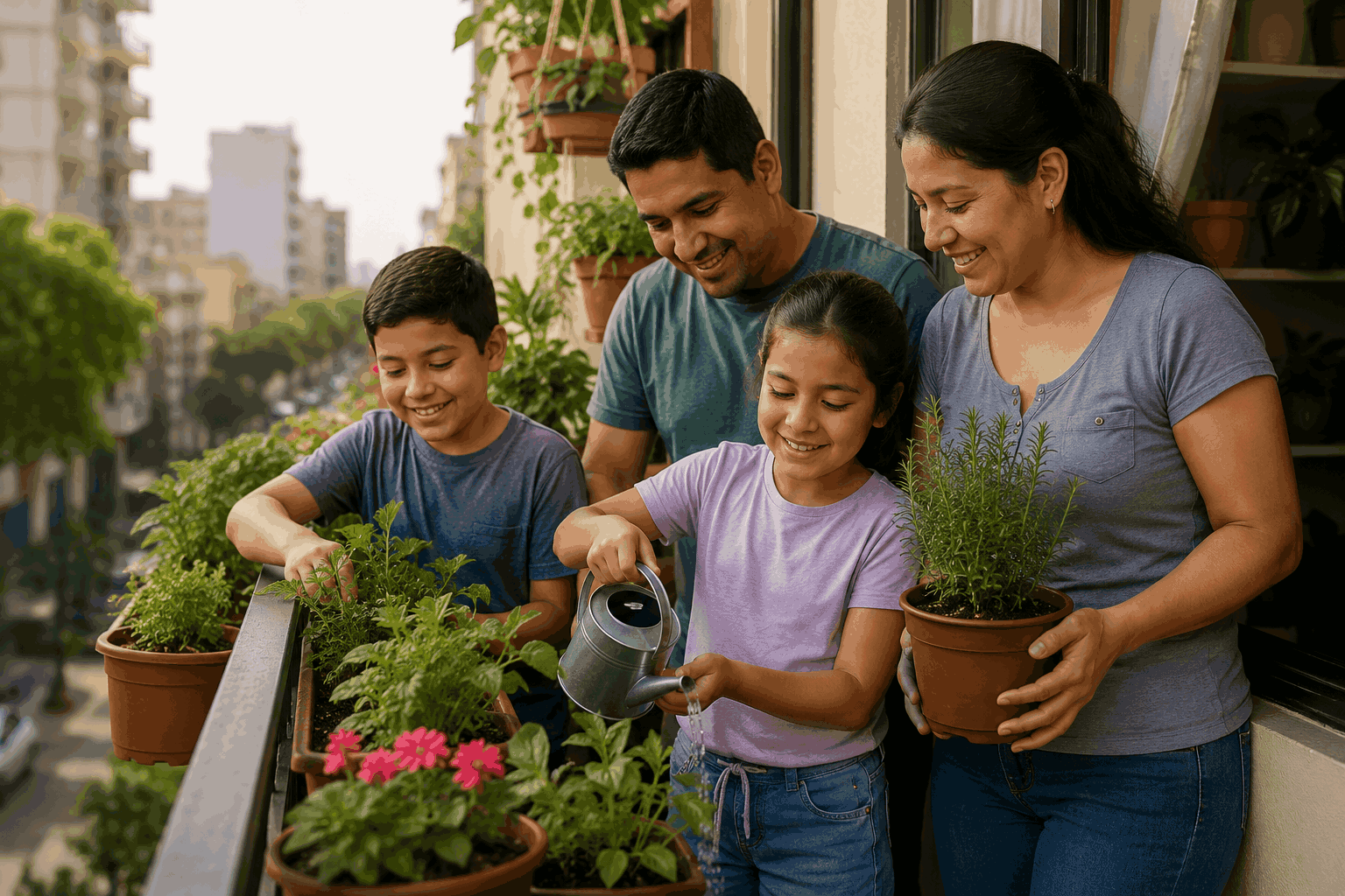 Vecinos observando y cuidando sus plantas