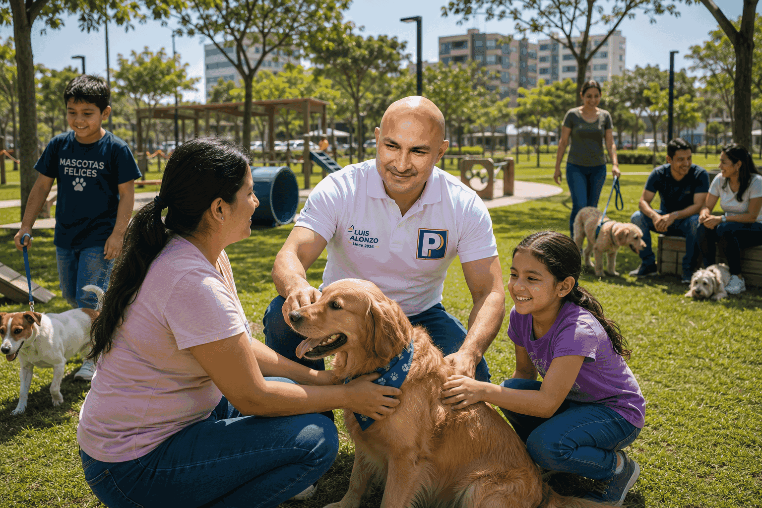 Luis Alonzo conversando con vecinos y mascotas en Lince Amigo bienestar animal y adopción responsable