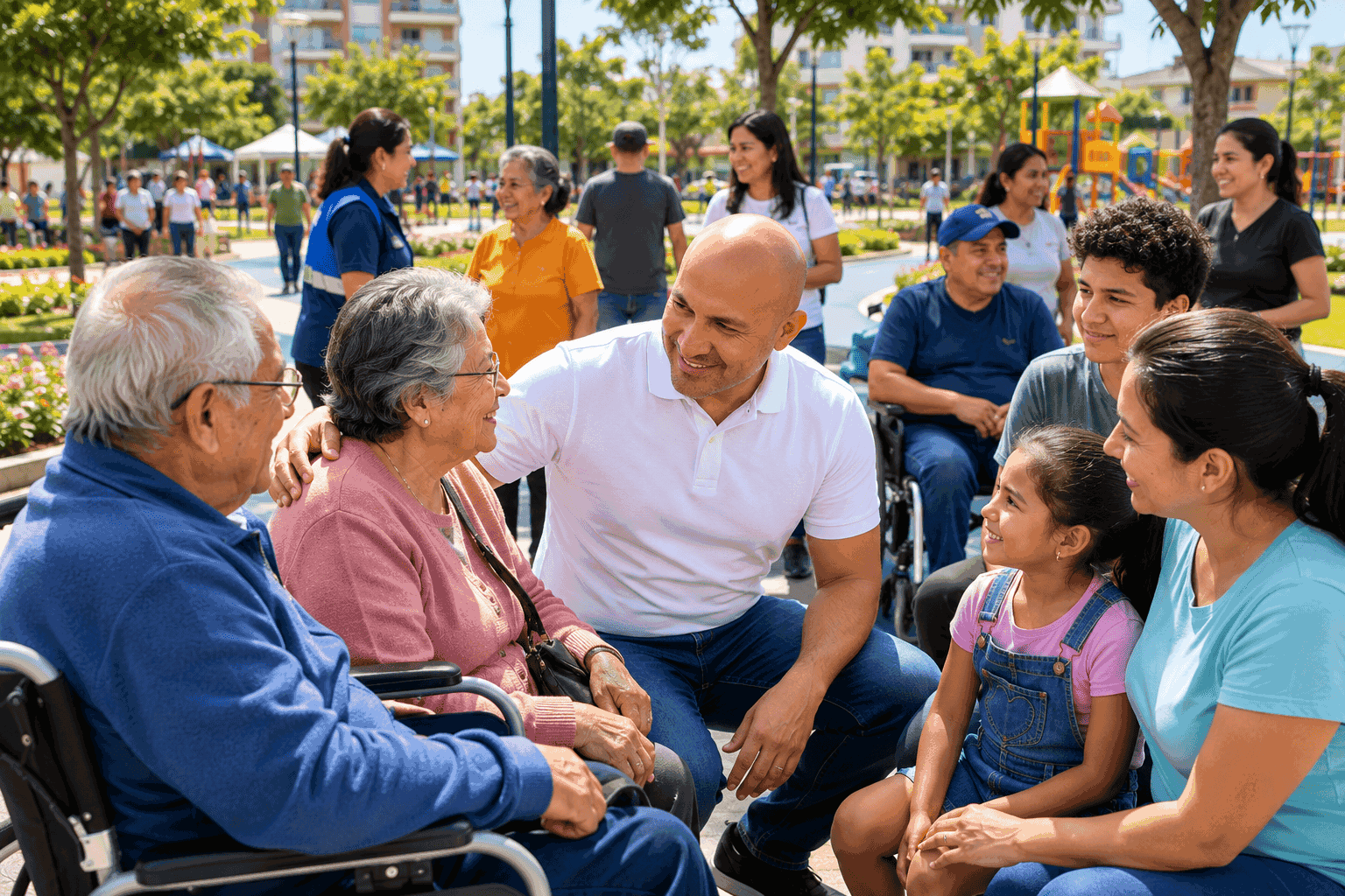 Luis Alonzo conversando con adultos mayores personas con discapacidad y familias en espacios públicos inclusivos de Lince